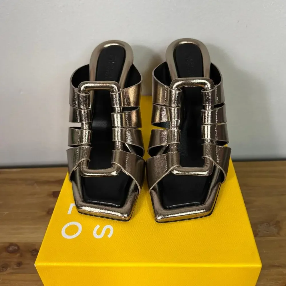 Mercedes Castillo Aria High-Heel Slide Sandals, Tungsten Metallic Leather Size 8